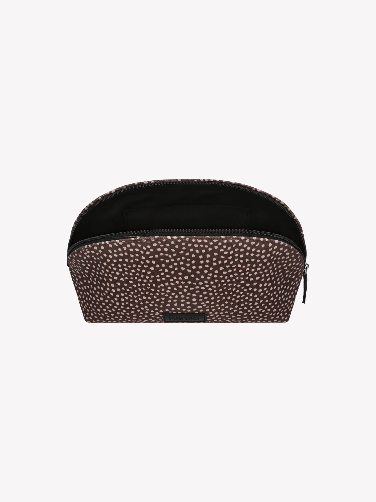 Nanso's brown Muru cosmetics bag features a charming delicate polka dot pattern open