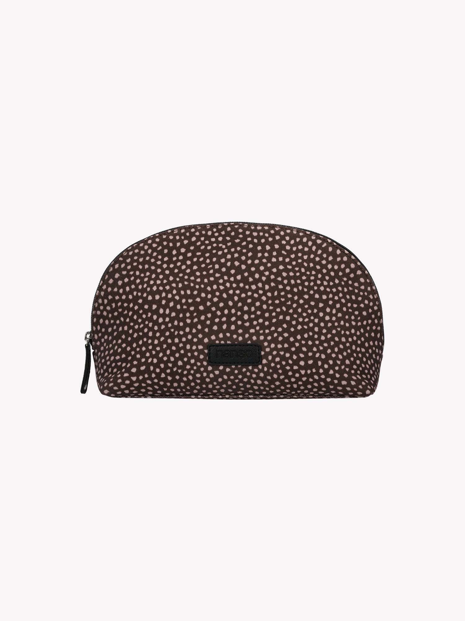 Nanso's brown Muru cosmetics bag features a charming delicate polka dot pattern from the front