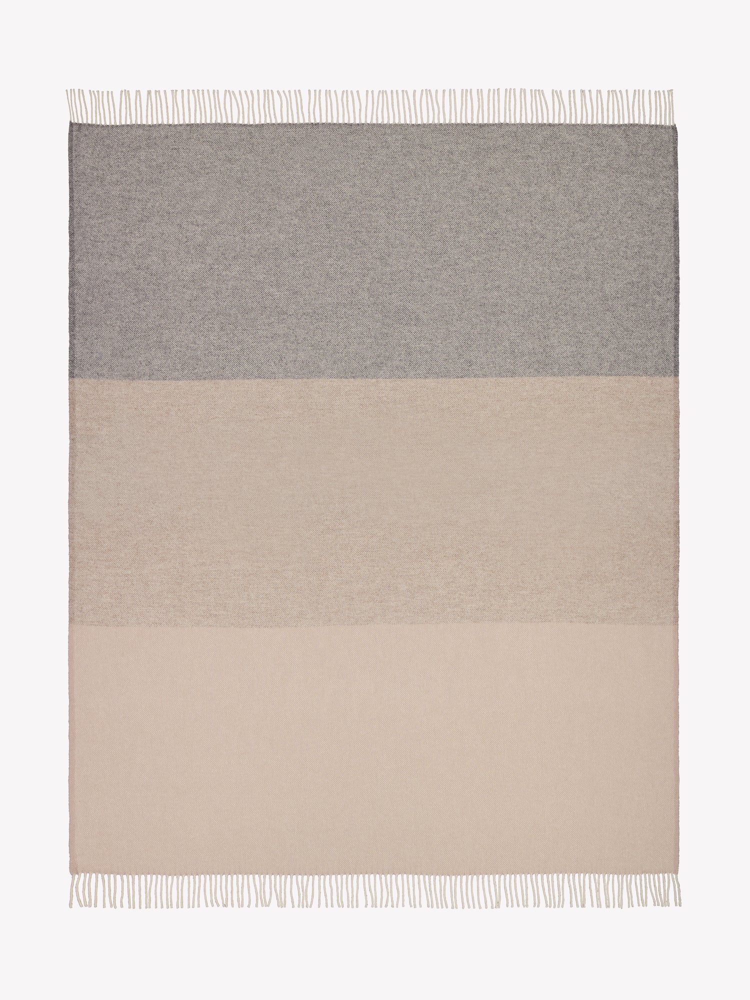 Nanso's Trio wool blanket made from 100% pure new wool. This blanket features a beautiful beige striped pattern, twisted fringes on the short edges