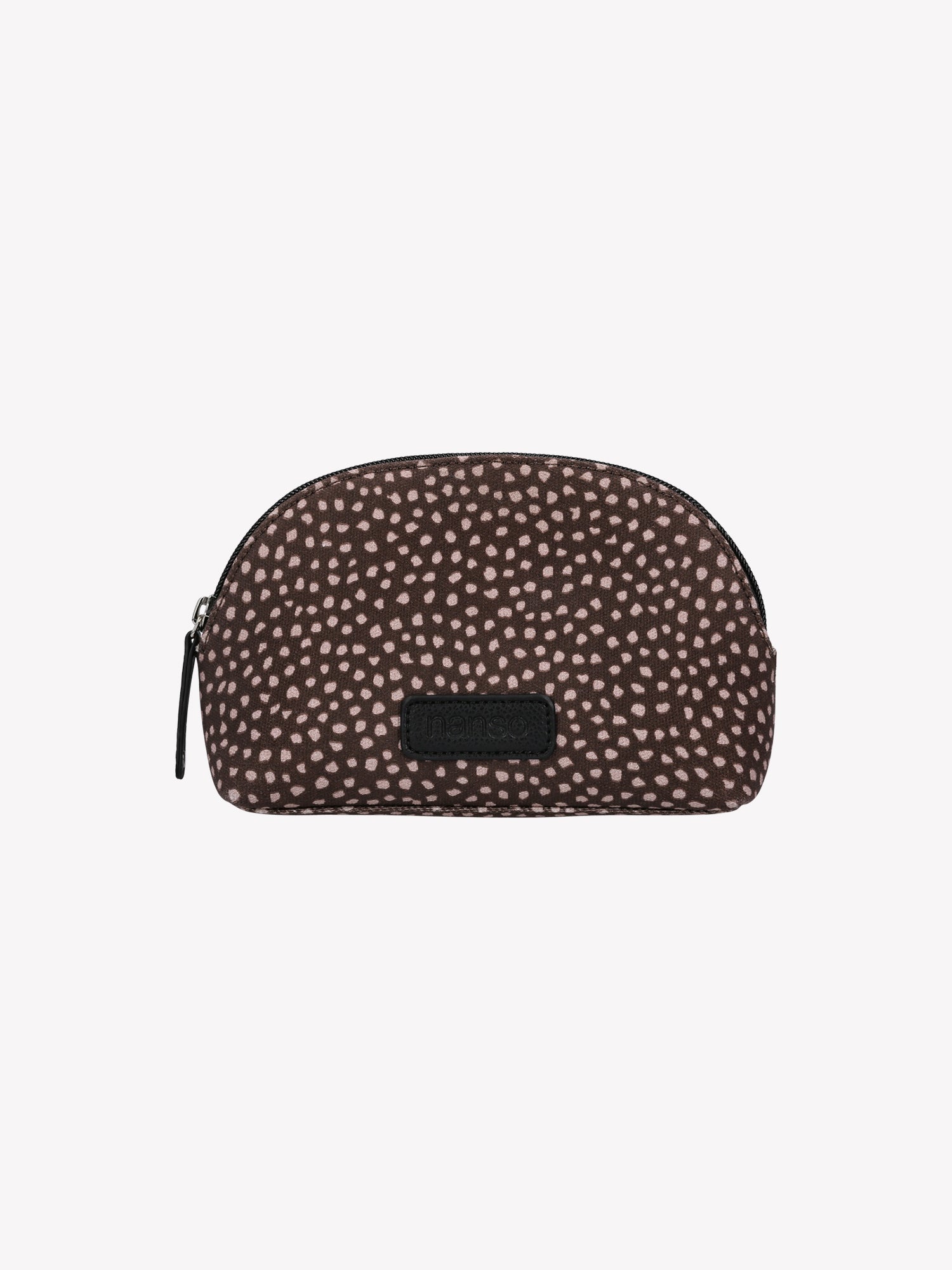 Nanso's brown Muru mini cosmetics bag features a charming delicate polka dot pattern from the front
