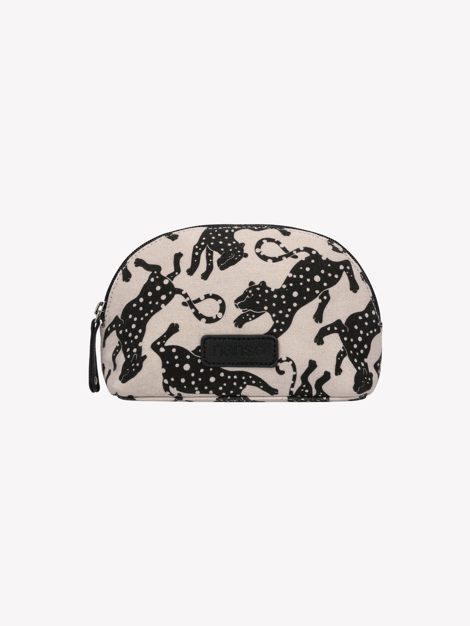 Nanso's beige Leonora mini cosmetics bag features a lively leopard print and a compact size, front