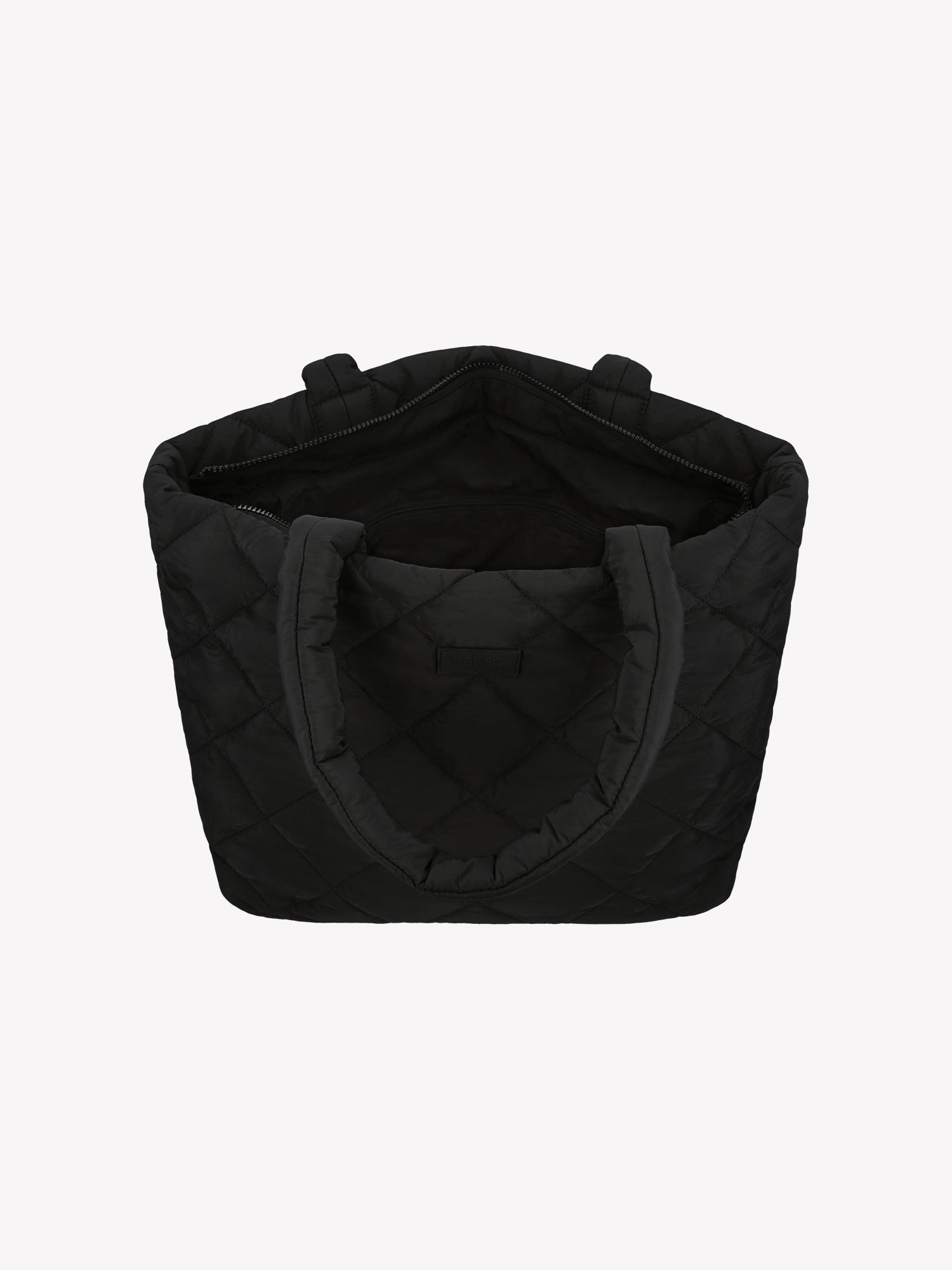 Nanso's trendy black Maxi Vanu tote bag is crafted from quilted fabric, open