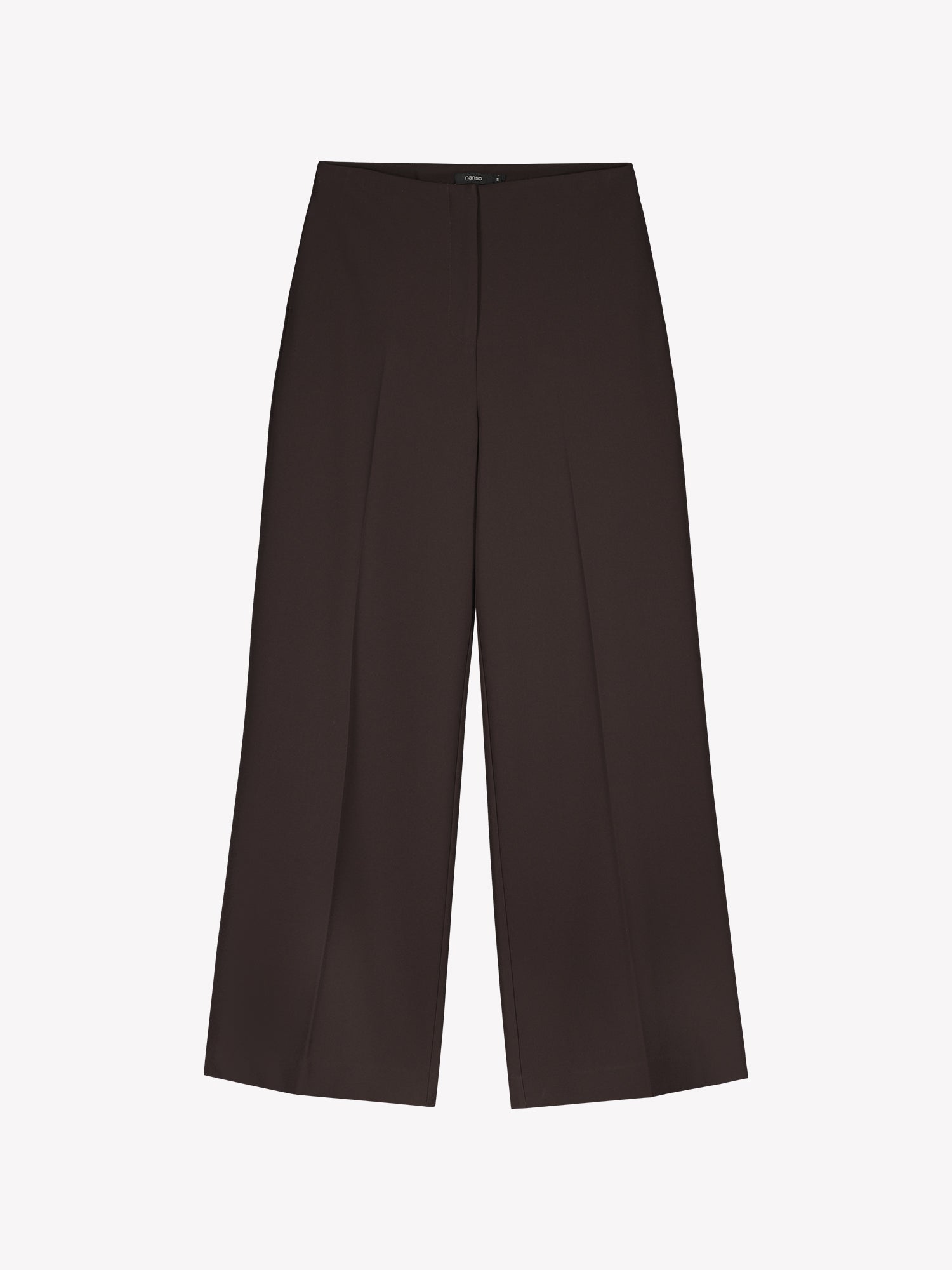 Nanso womens elegant and timeless wide-leg EEVA trousers in a rich brown shade, product picture from the front
