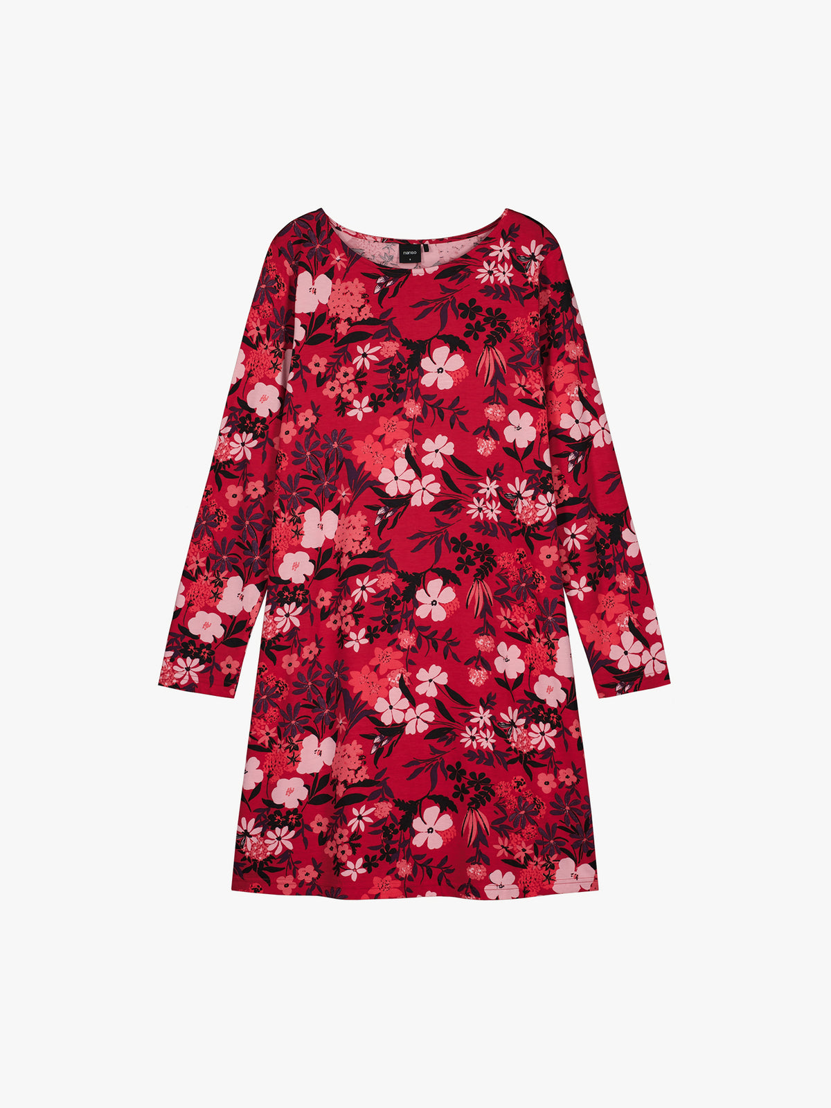 Nanso women's short Lootus nightgown delights with its red-toned floral print. Made from soft jersey fabric, this nightdress is perfect for relaxing at home and enjoying a restful night's sleep.