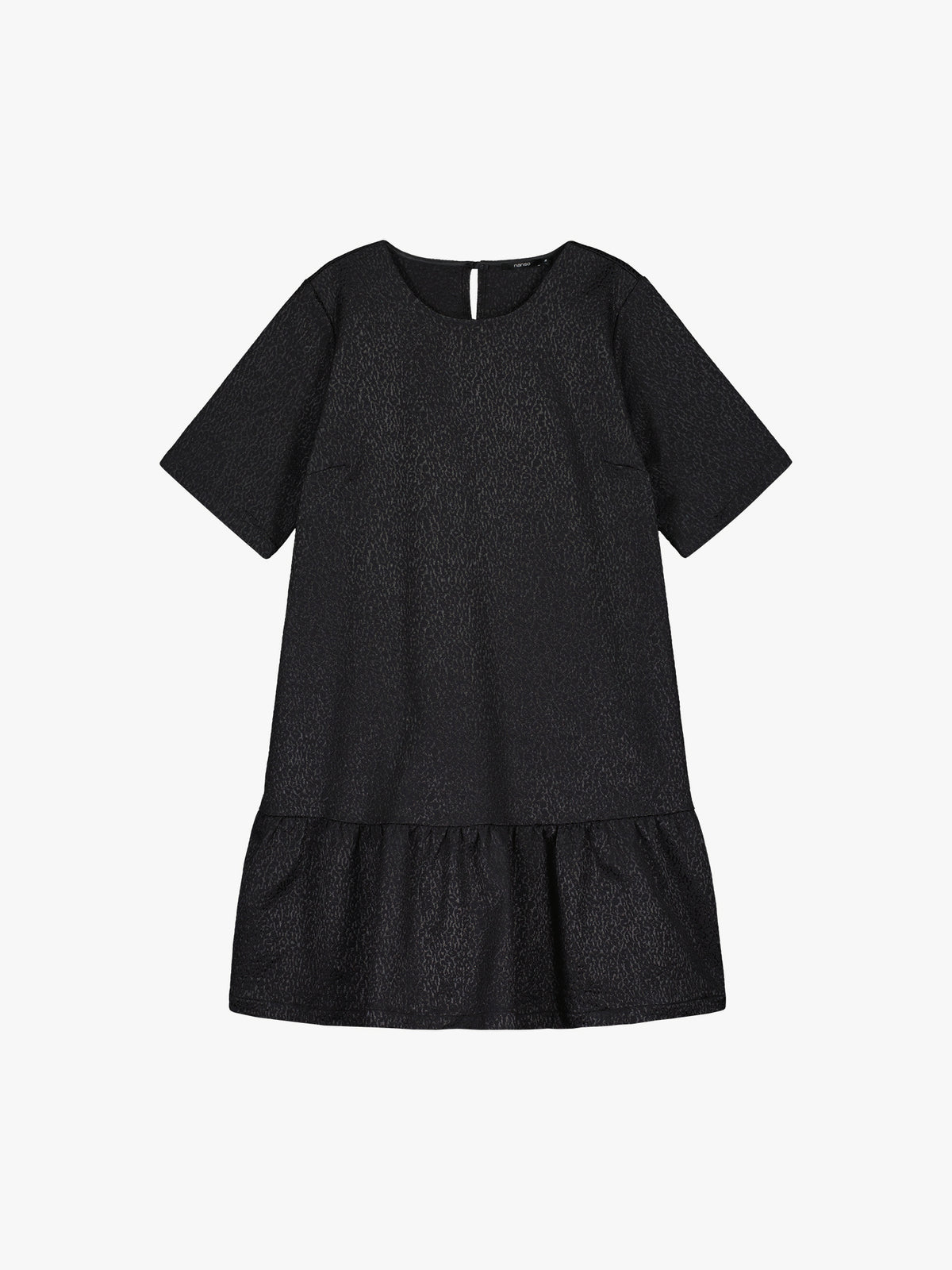 Nanso women's striking black Leora dress captivates with its beautiful fabric, combining a festive sheen with a rich textured surface, product picture