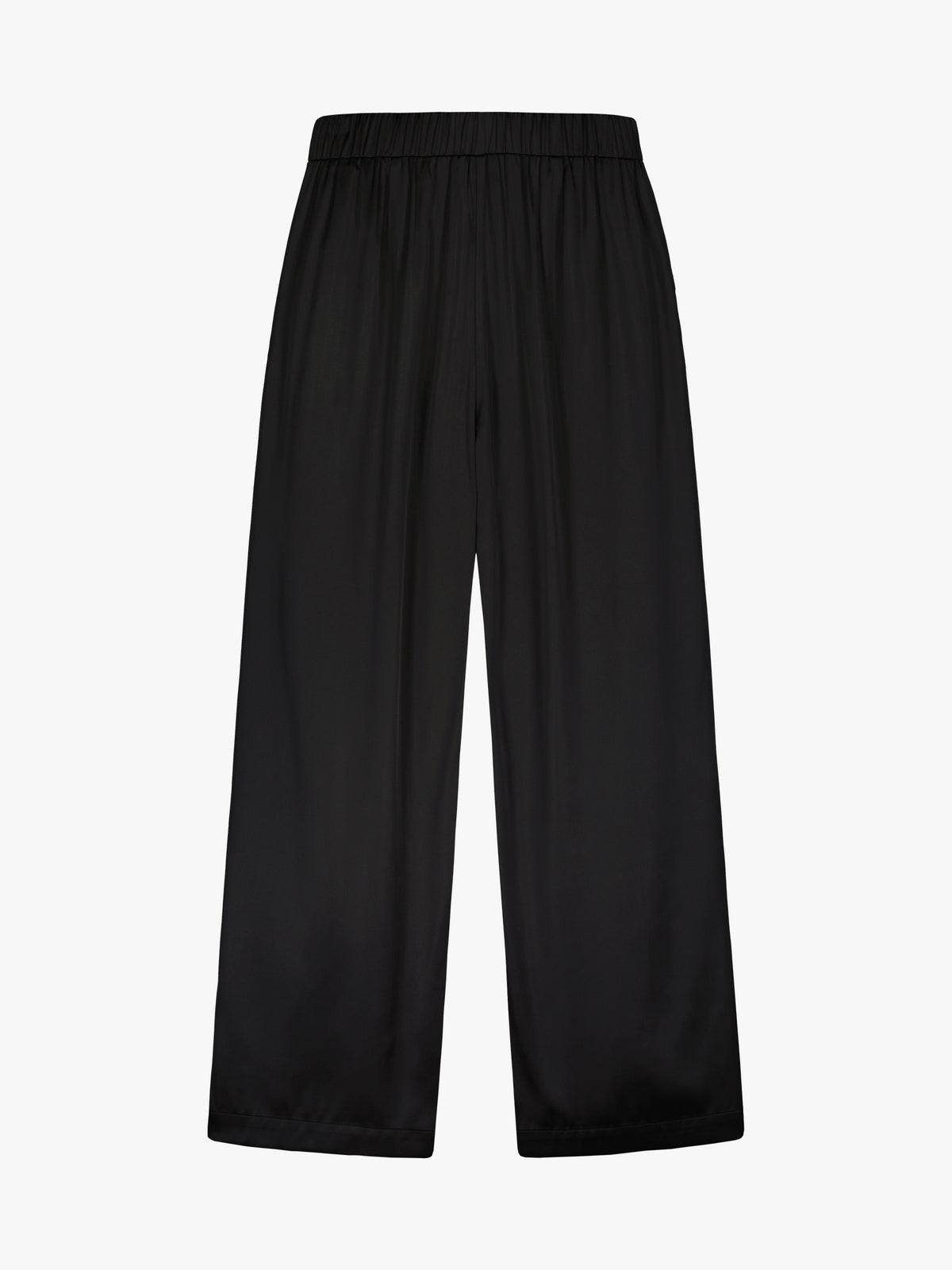 Nanso women's elegant Silva satin trousers captivate with their classic black and beautifully flowing satin fabric, product picture from the backside