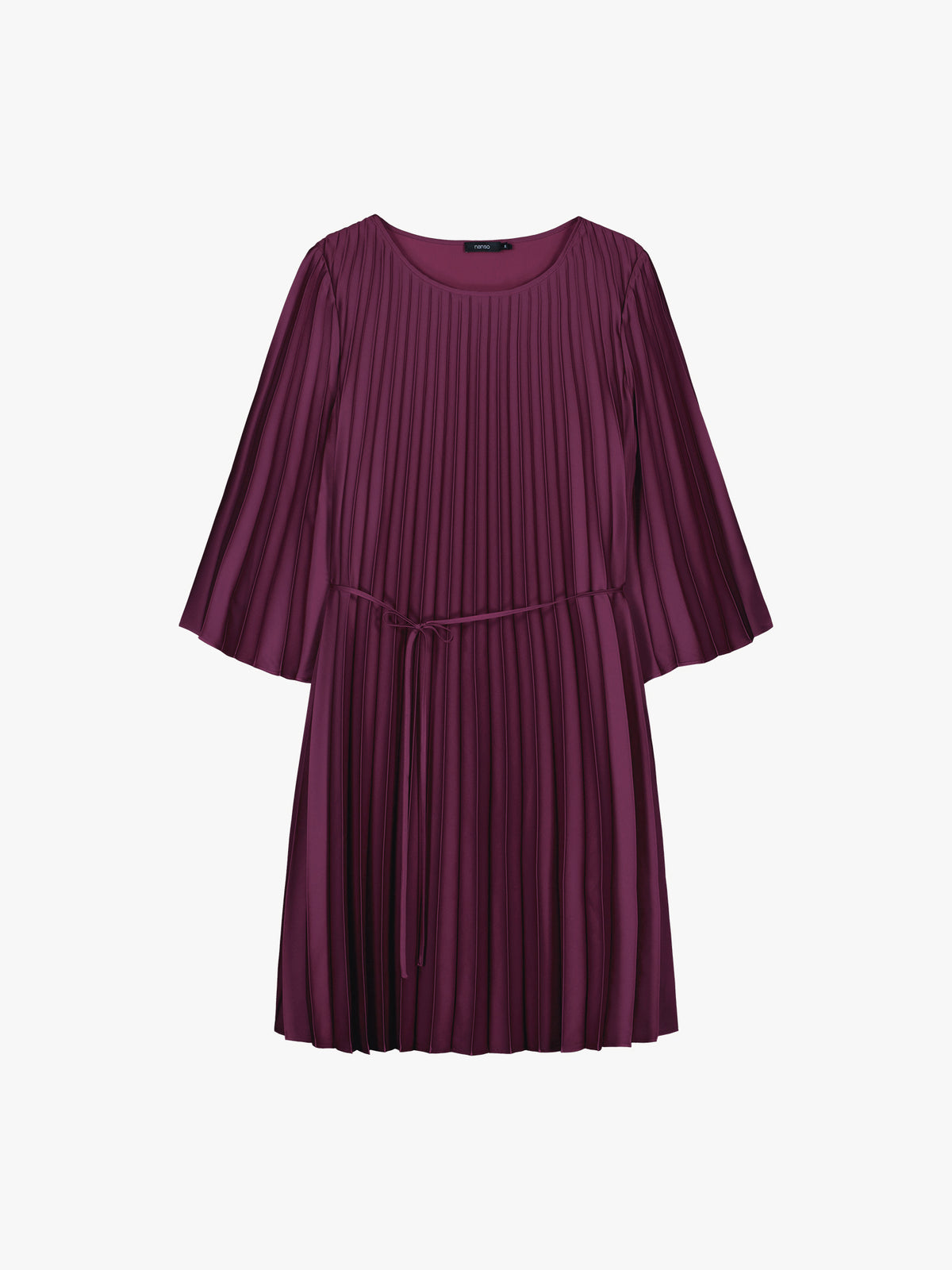 Nanso women's beautifully draping Taite dress in a deliciously radiant violet shade. This versatile pleated dress can be worn with or without the slim belt. This A-line dress features 3/4-length sleeves and a slim belt at the waist. product picture