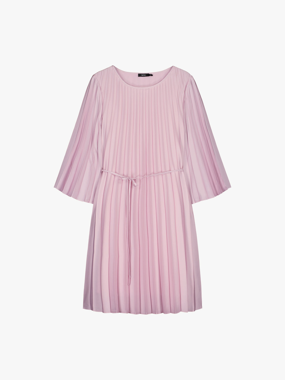 Nanso women's beautifully draping Taite dress in a deliciously cool light pink shade. This versatile pleated dress can be worn with or without the slim belt. This A-line dress features 3/4-length sleeves and a slim belt at the waist. product picture
