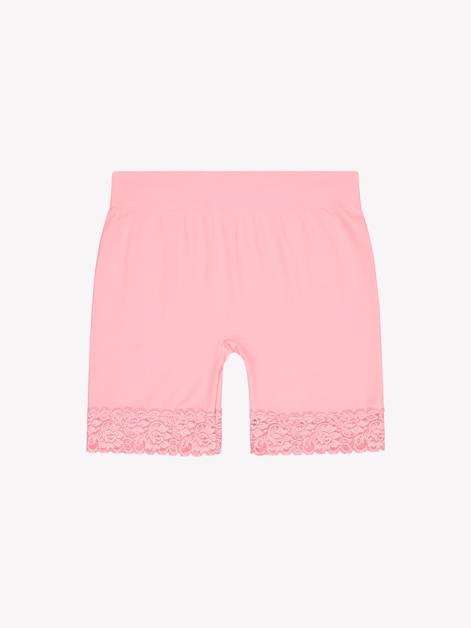 Seamless Short Leggings in Pink Icing with beautiful lace details. The delicate lace detailing adds a touch of elegance.