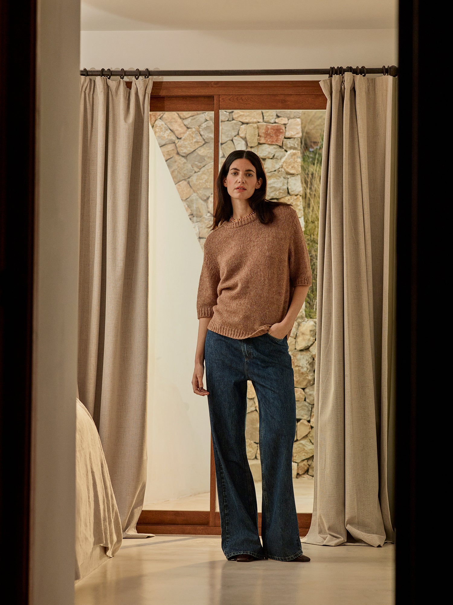 MORIKO Realxed Short-Sleeved Knit Sweater - Brown | Nanso