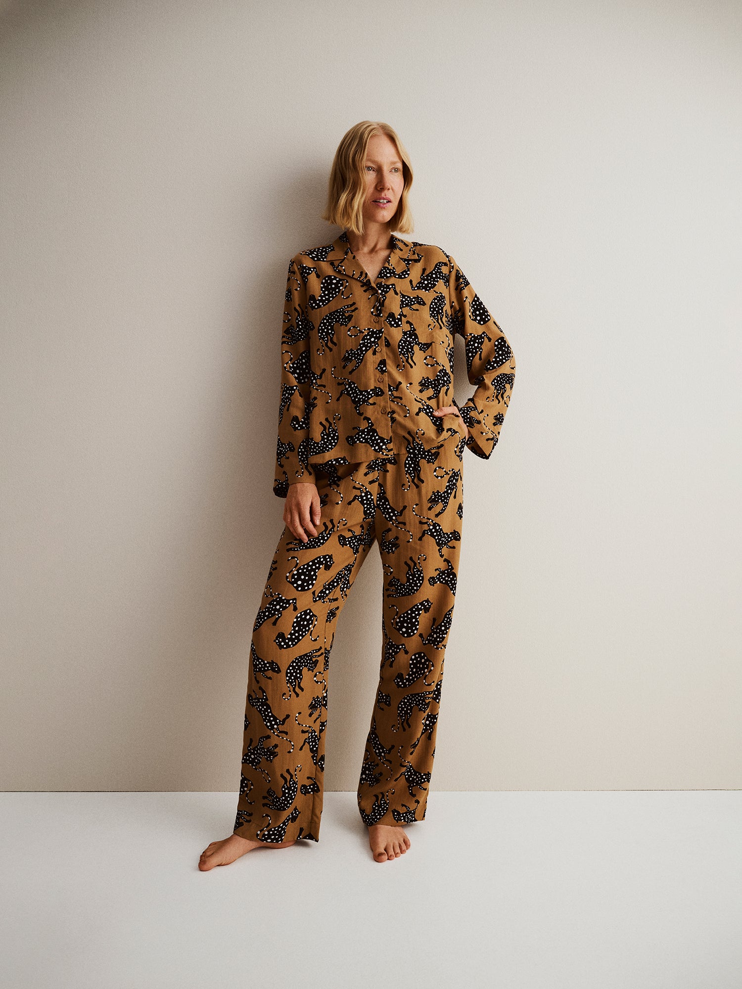 Nanso women’s patterned Pieni Leonora trousers and matching blouse, worn by a model