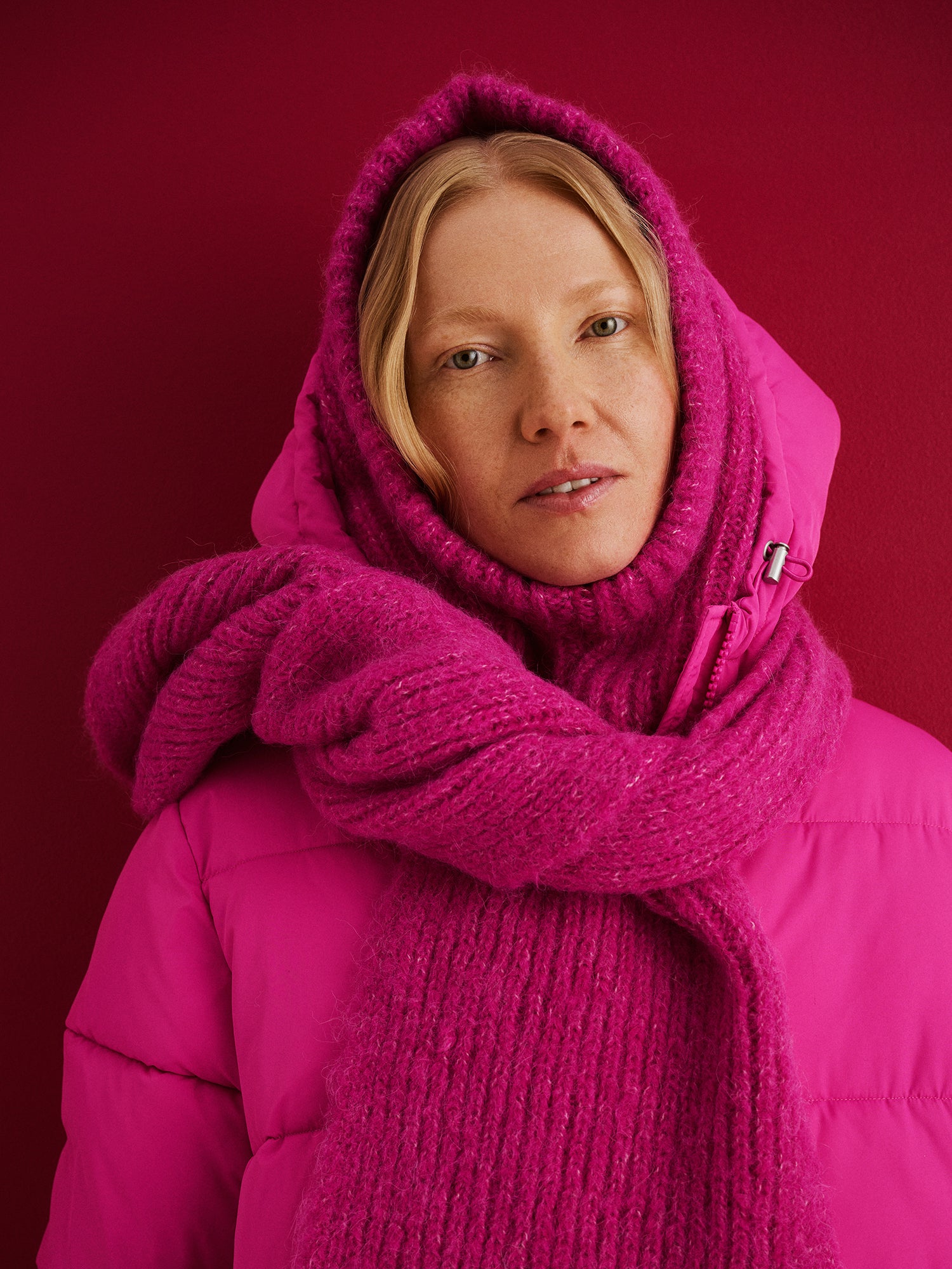 Women's cozy  pink Usva knit balaclava, front
