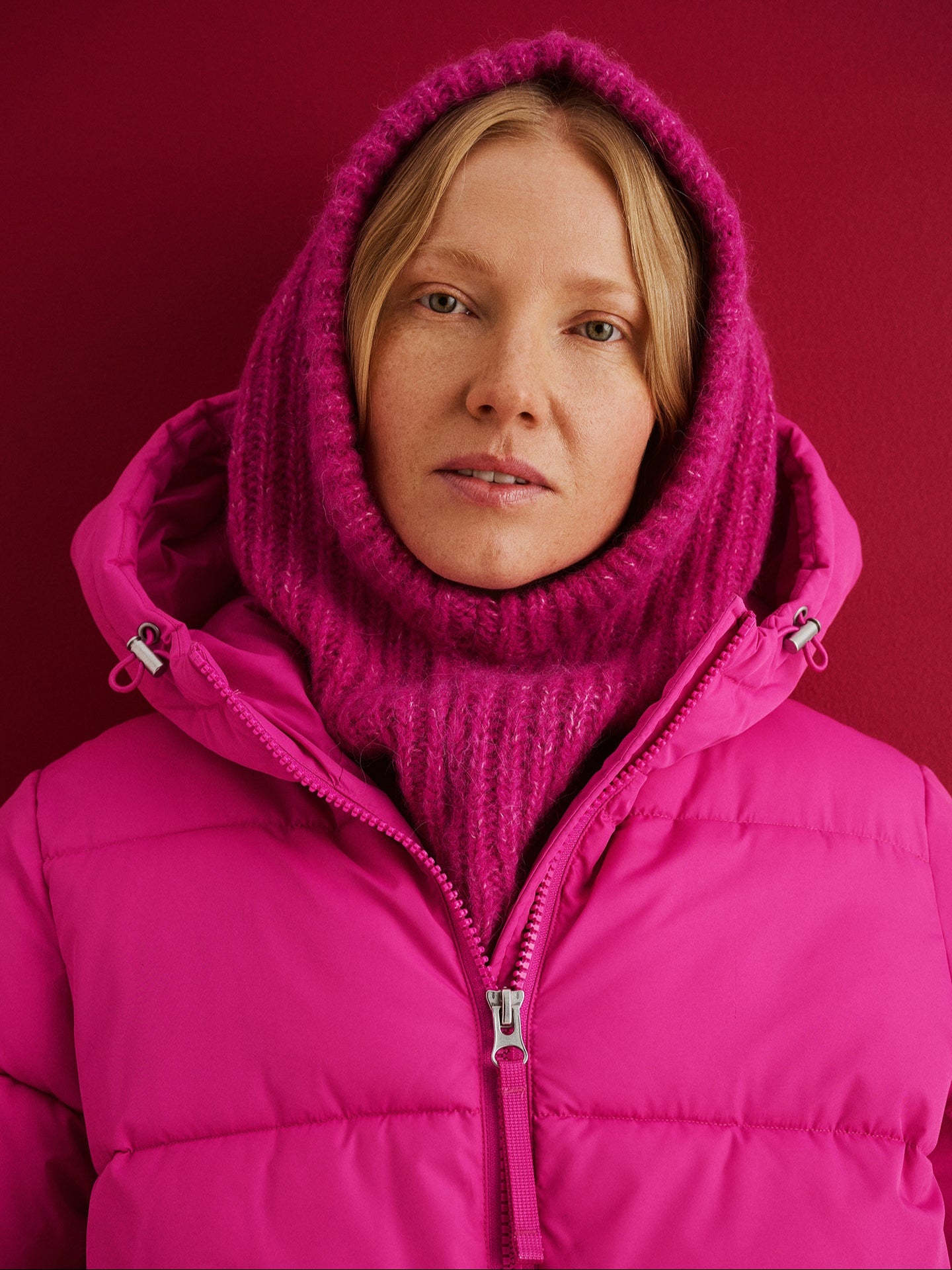 Women's cozy  pink Usva knit balaclava, front