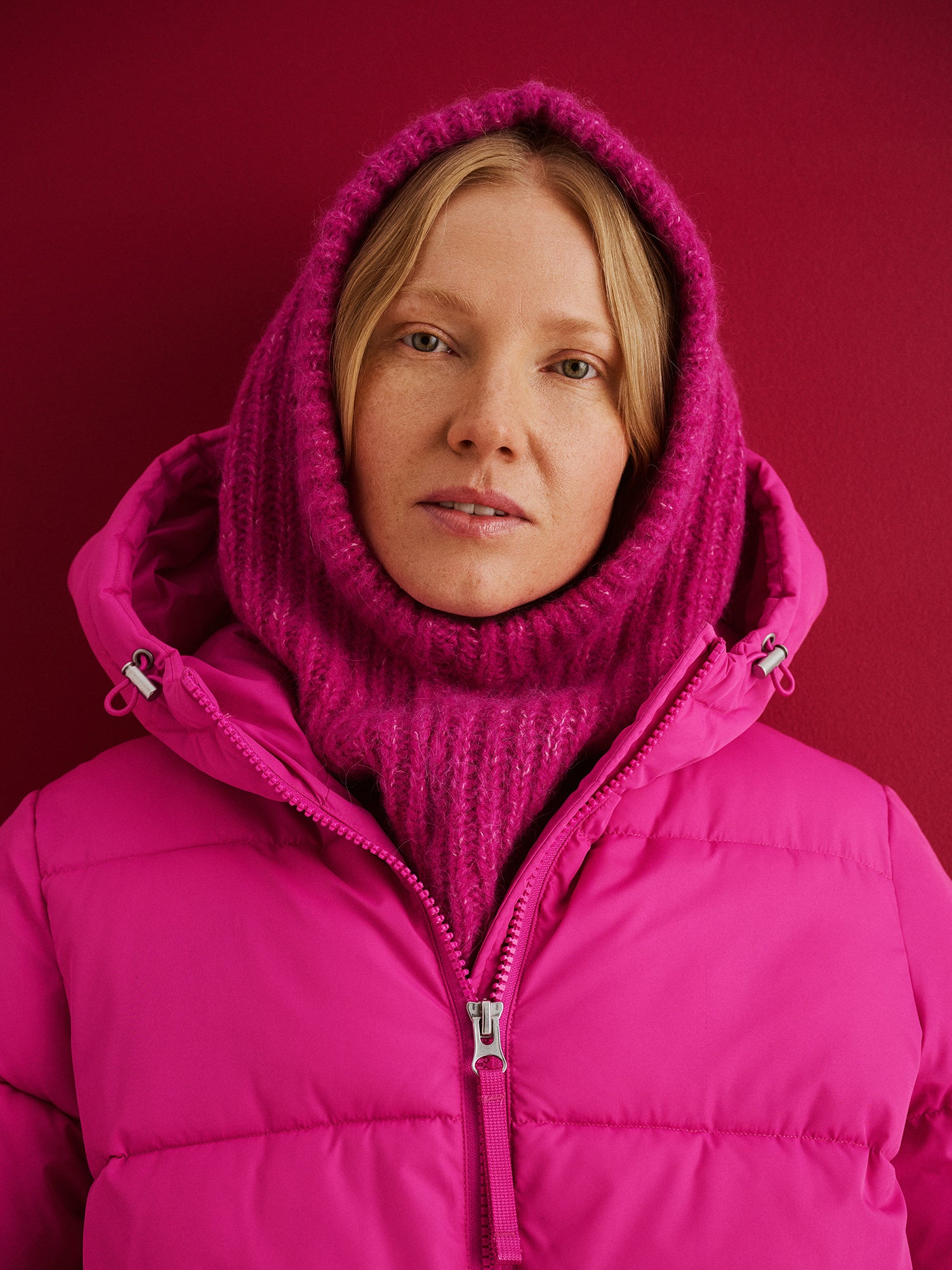 Women's cozy  pink Usva knit balaclava, front