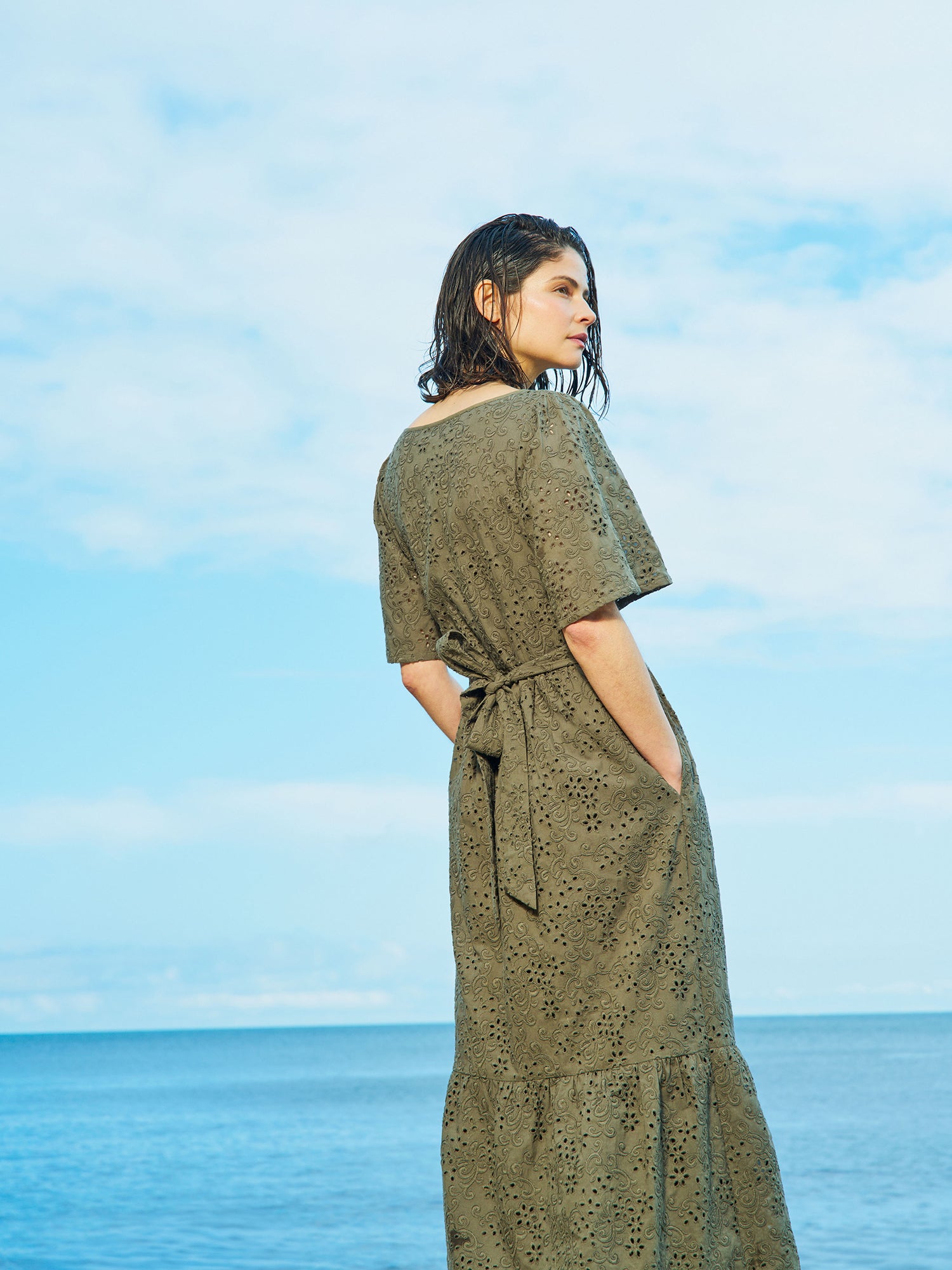 ODETTE Long Embroidered Dress - Olive Green