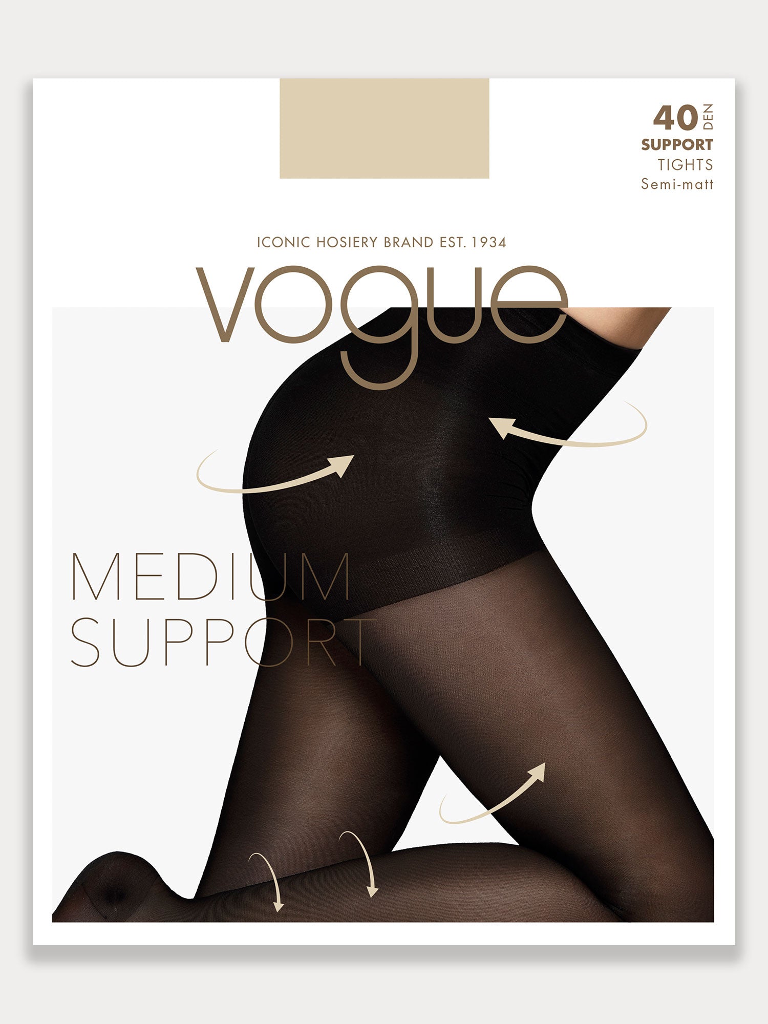 Vogue black 40 den support tights with medium support with a sleek semi-matte finish, package image of the product.
