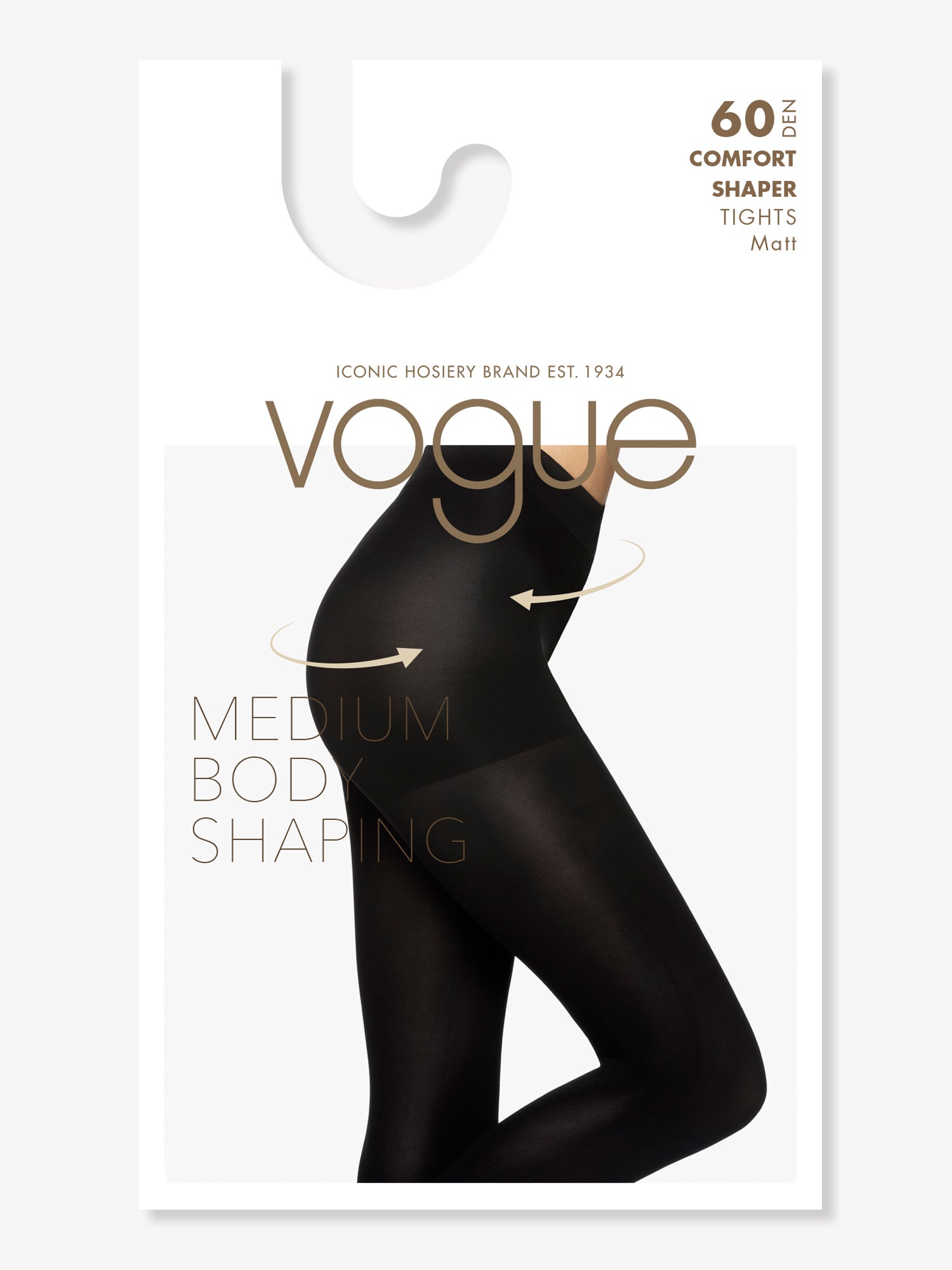 Vogue black velvet matt 60 denier medium shaping tights with comfortable shaping effect, package image.